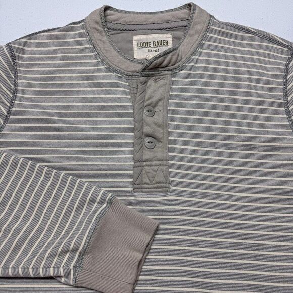 Eddie Bauer Shirt Mens XL Gray Stripe Henley Thermal Outdoor Hiking Camping Hunt - Picture 1 of 12